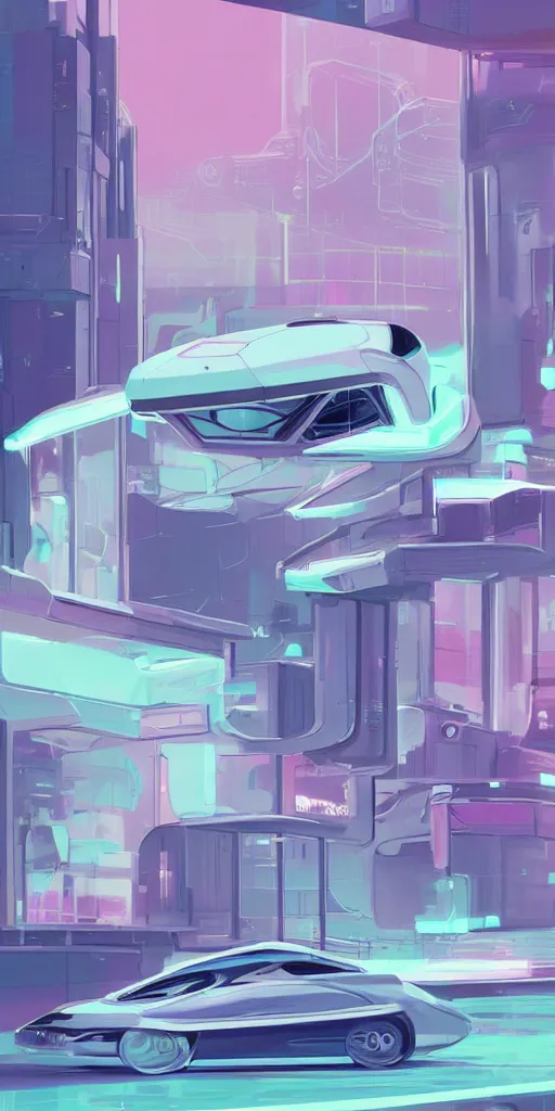 Image similar to pastel color pallete futuristic kiosk floating car with jet engine next to it Future drive through window Highly Illustrated artstation by space goose Cyberpunk buildings in background