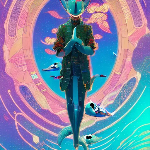 Image similar to a beautiful hyperdetailed character design 4 k wallpaper illustration of a cute dolphin, victo ngai cyberpunk style, from china, style of studio ghibli, makoto shinkai, raphael lacoste, louis comfort tiffany, artgerm, james jean, ross tran, chinese style