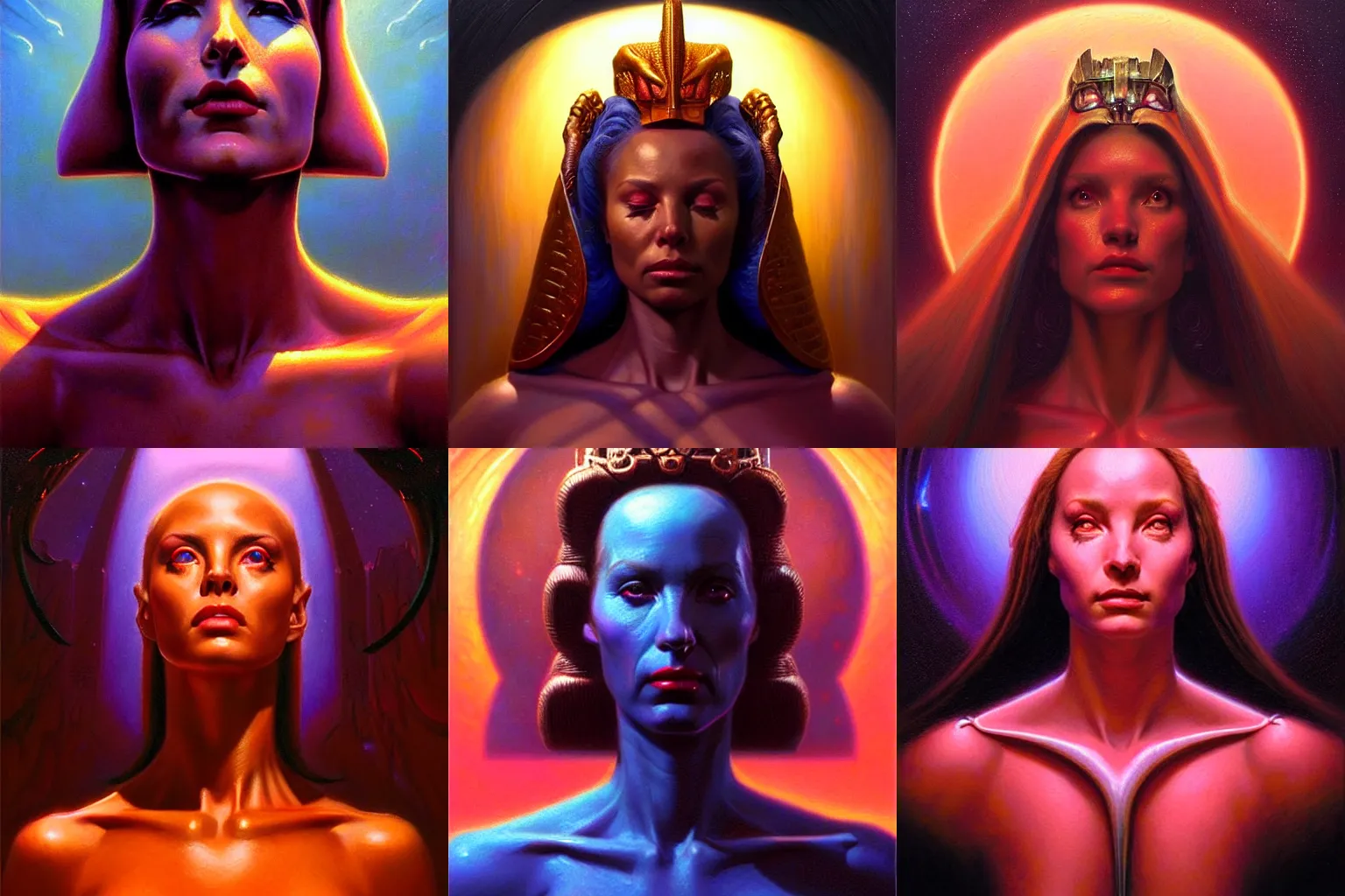 Prompt: cinematic bust portrait of elegant female extraterrestial queen, head and chest only, by Tim Hildebrandt, by Wayne Barlowe, by Bruce Pennington, by donato giancola, by Paul Lehr, oil on canvas, masterpiece, trending on artstation, featured on pixiv, cinematic composition, dramatic pose, beautiful lighting, sharp, details, hyper-detailed, HD, HDR, 4K, 8K