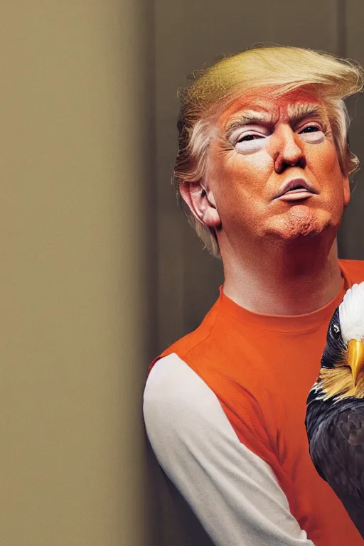 Prompt: Close-up portrait of Donald Trump in jail wearing orange clothes with an American bald eagle on standing on his head, octane, dramatic lighting, editorial photo, 35mm, very detailed