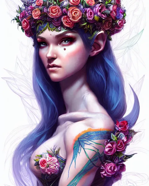 Image similar to digital art, centered full body elven bride with short hair, vivid flower crown ,intricate, veins, by James Jean and by artgerm, by ross tran , ultradetailed, charachter design, concept art, trending on artstation,