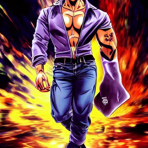 Prompt: Digital painting of Vin Diesel wearing clothes designed by Emilio Pucci walking like a Italian model in JoJo\'s Bizzare Adventure anime style, official media from JoJo\'s Bizzare Adventure, highly detailed, sharp focus, screentone shading, 1990s manga panel, ArtStation, art by Hirohiko Araki