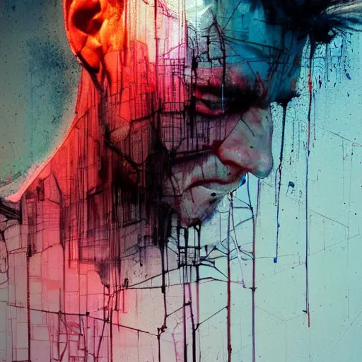 Prompt: man stealing the energy from another man, wires, cybernetic machines and decay moody hyperrealism 8 k photo atmospheric by jeremy mann francis bacon and agnes cecile ink drips paint smears digital glitches glitchart