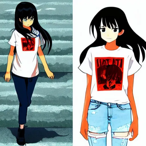 Prompt: a girl wearing a hot sauce shirt, anime art illustrated by Makoto Shinkai