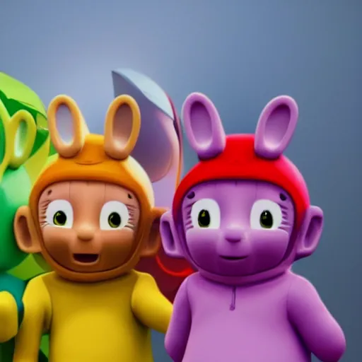 Image similar to Teletubbies with wide open eyes and smile, highly detailed, sharp focus, octane render, realistic eyes