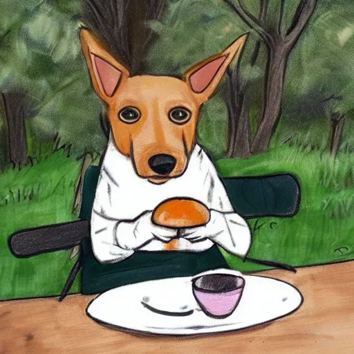 Prompt: un perro en el bosque comiendo en un cuenco, estilo dibujo