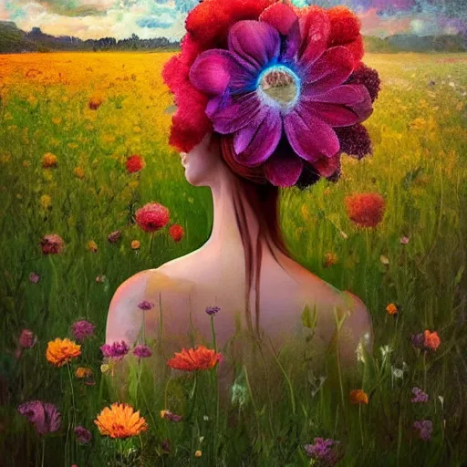 Image similar to girl with a flower for a head, surreal photography, dream, standing in flower field, magical, in a valley, sunrise dramatic light, impressionist painting, colorful clouds, artstation, simon stalenhag, flower face