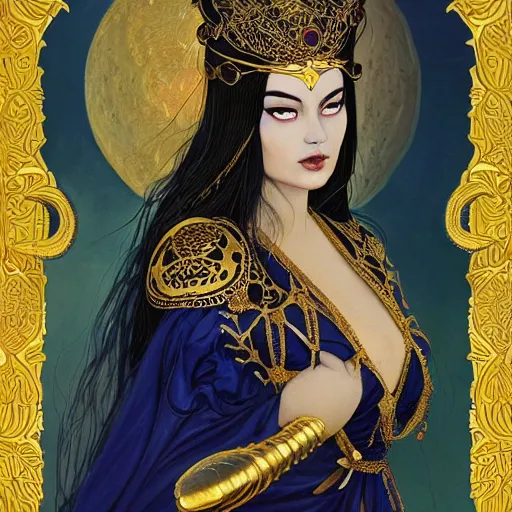 Prompt: painting of junoesque plus size priestess of the moon, golden filigree armor and tiara, gold orb in held in left hand, moon above head, dark blue straight hair, smooth translucent skin, wide striking eyes, beautiful! coherent! by brom, by brian froud, strong line, high contrast, muted color, 4 k, trending on artstation