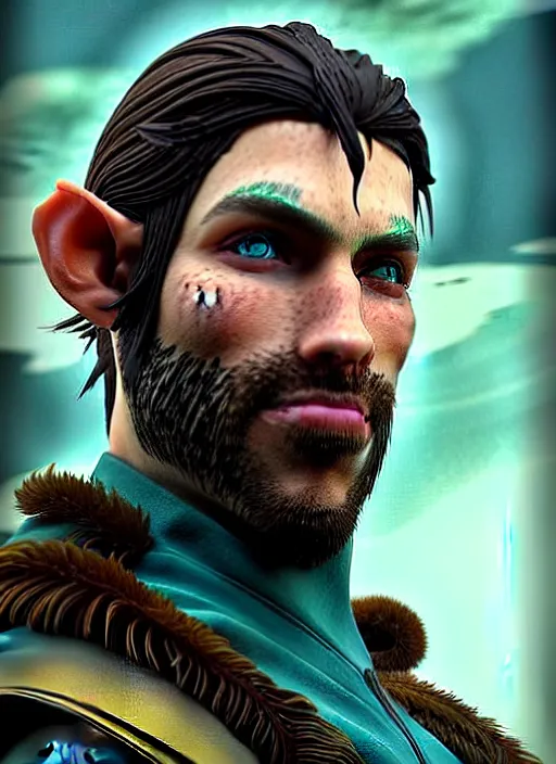 Image similar to A striking epic hyper real comic book style portait painting of an arrogant half-elf ranger, teal tunic, teal headband, shaggy brown hair, scruffy beard, scar on face, D&D Concept Art, unreal 5, DAZ, Apex legends concept art, hyperrealistic, octane render, cosplay, RPG portrait, dynamic lighting