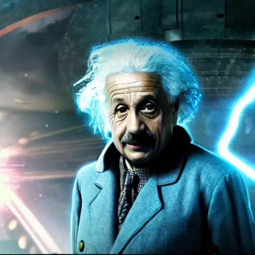 Prompt: Albert Einstein as a superhero, bending time and space to alter reality itself, dramatic cinematic action shot, movie still from Watchmen (2009), Oscar winning cinematography, 8k