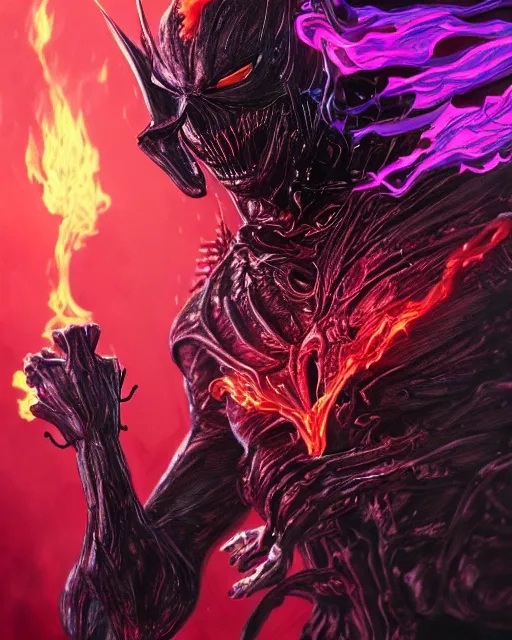 Image similar to ghost rider symbiote, purple and red variant, dynamic lighting, fantasy concept art, trending on art station, stunning visuals, creative, cinematic, ultra detailed, comic strip style