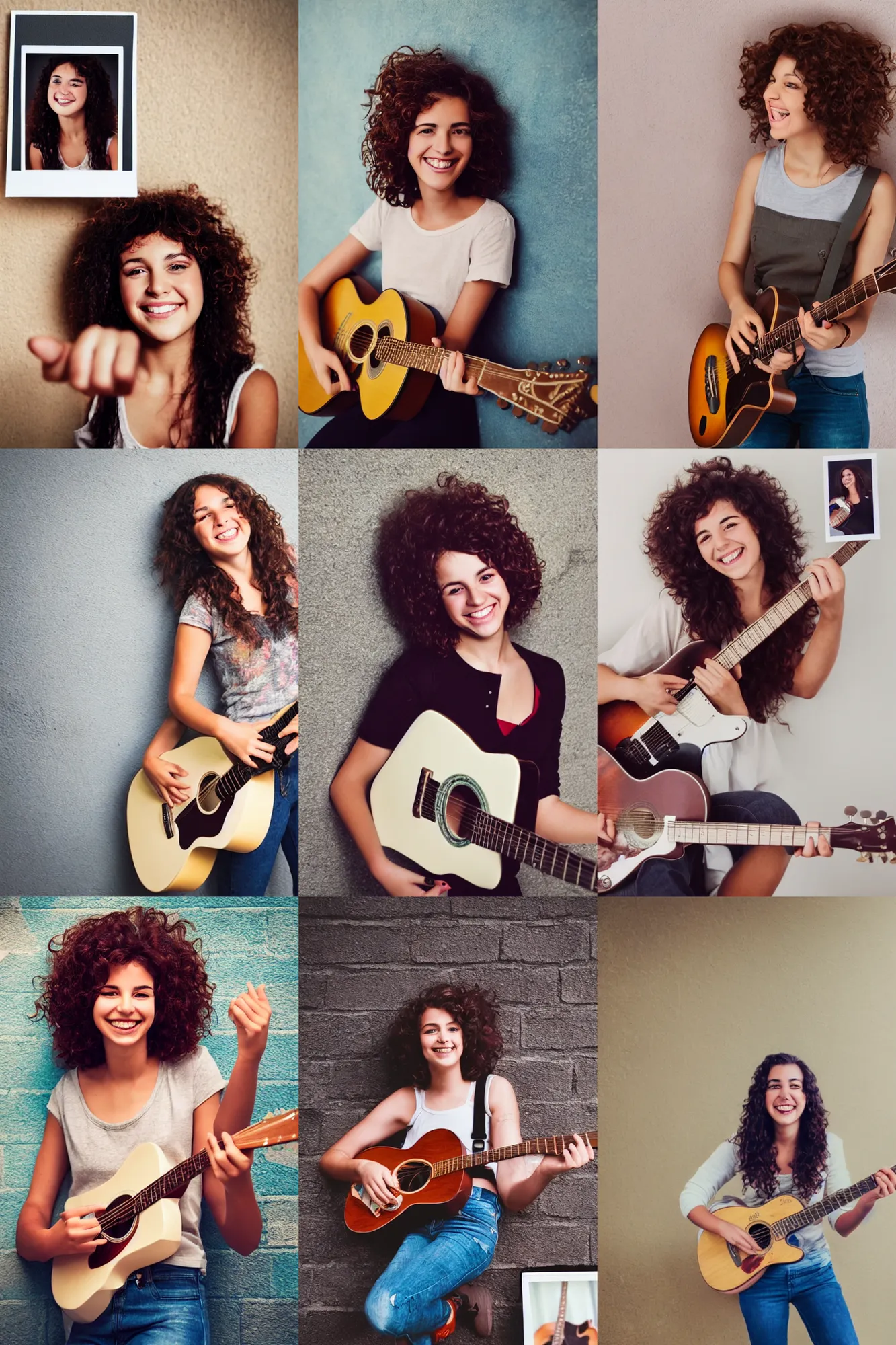 Prompt: short brune curly 2 0 - year old woman, playing guitar, smiling, polaroid photo on a wall, highly realistic