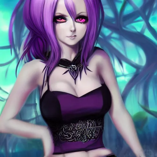 Image similar to evanescence kerli koiv anime goth girl with purple hair in mini skirt and crop top intricate, extremely detailed, artstation, 8 k, sensual lighting, incredible art, wlop, artgerm