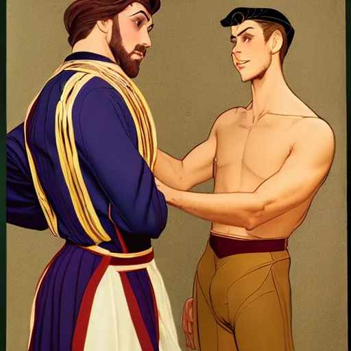 Image similar to attractive fully clothed king confesses his love for his attractive fully clothed male prince. highly detailed painting by glen keane and j. c. leyendecker 8 k