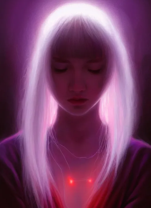 Image similar to hair whitebangs hair, black hair, whitebangs, portrait of teenage girl with white bangs, red irises, purple clothes, white bangs, bangs are different color from hair, intricate, elegant, glowing lights, highly detailed, digital painting, artstation, concept art, smooth, sharp focus, illustration, art by wlop, mars ravelo and greg rutkowski