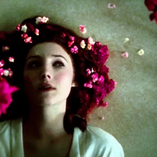 Image similar to movie still of the girl with the flowers head, cinematic composition, cinematic light, dream effect, dream atmosphere, by edgar wright and david lynch,