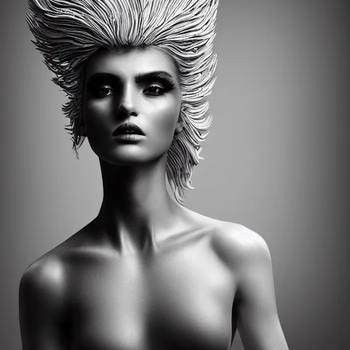 Image similar to young beautiful woman, gorgeous face, black and white photography, surreal, artist, flipped hair, full - body, 8 k, unreal engine 5, ultra sharp focus, art by victoria siemer, kirsty mitchell, laura zalenga