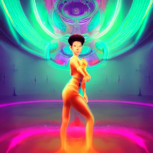 Image similar to long Shot of psychedelic Chun-Li standing in mysterious chromatic astral temple , stylish, lsd, soft, trending on artstation, cinematic, artwork by WLOP