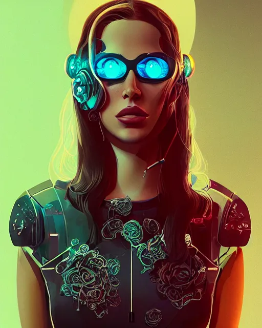 Image similar to portrait of lana del rey as a cyberpunk cyborg. roses, sci - fi, missing panels, intricate abstract upper body intricate artwork, by tooth wu, wlop, beeple, dan mumford. concept art, octane render, deviantart, greg rutkowski, cinematic, key art, hyperrealism, iridescent accents