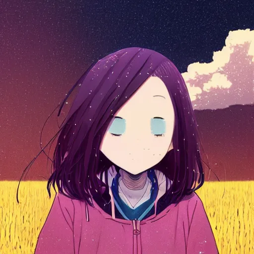 Image similar to a super detailed moe protagonist girl with pink hair in a field by inio asano, beeple and james jean, aya takano color style, 4 k, super detailed, night sky, digital art, digital painting, celestial, majestic, colorful