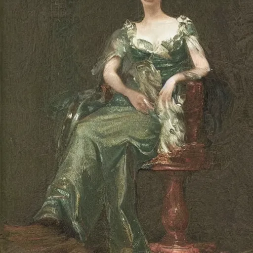 Image similar to a stunning Regency-era girl in a Pomona green dress by Sir Thomas Lawrence, wistful, moody