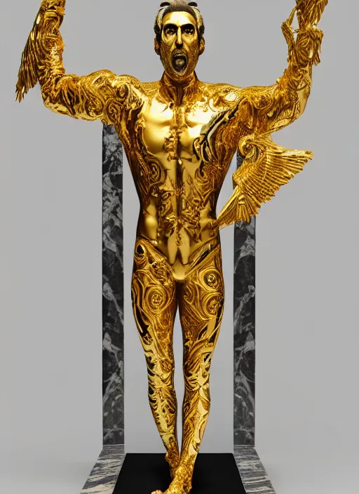 Image similar to stylized gold onyx ornate statue full body made of marble of nicholas cage, perfect symmetrical body, perfect symmetrical face, hyper realistic, hyper detailed, by johannen voss, by michelangelo, octane render, blender, 8 k, displayed in pure white studio room