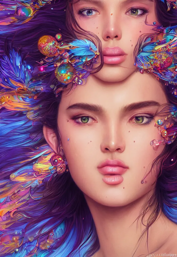 Image similar to beautiful, young woman, detailed gorgeous face, vaporwave aesthetic, synthwave, colorful, psychedelic, water droplets, feathers, crown, artstation, concept art, smooth, extremely sharp detail, finely tuned detail, ultra high definition, 8 k, unreal engine 5, ultra sharp focus, illustration, art by artgerm and greg rutkowski and alphonse mucha