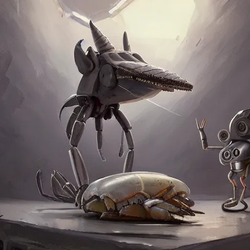 Prompt: a gray unicorn alien and a robotic crab, with african decoration and a spongebob puppet, highly detailed, concept art, art by wlop and artgerm and greg rutkowski, masterpiece, trending on artstation, 8 k