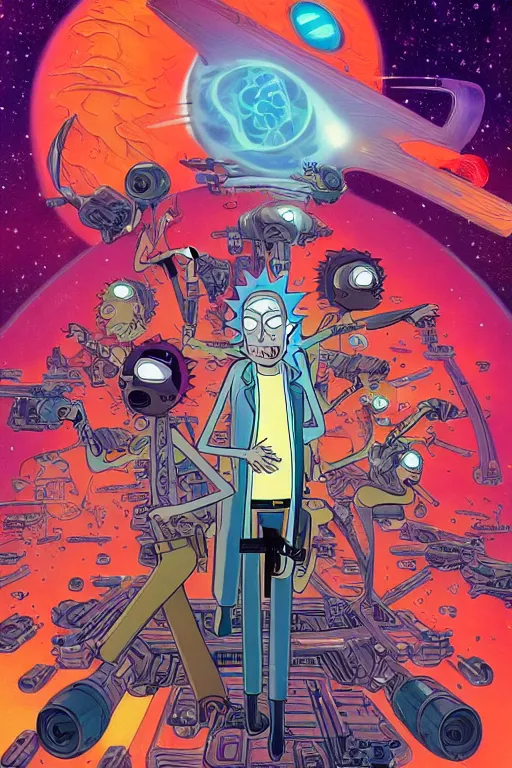 Image similar to Rick and Morty save the multiverse, science fiction, retro cover, high details, intricate details, by vincent di fate, artgerm julie bell beeple, 60s, inking, vintage 60s print, screen print