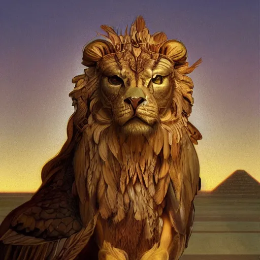 Image similar to a realistic oil painting of a winged lion's body with the head of an eagle and a beak, in an ancient egyptian temple, at purple sunset, highly detailed, trending on artstation, by james gurney and michael whelan and krenz cushart and alphonse mucha
