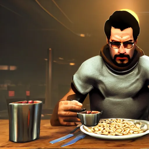 Image similar to jc denton from deus ex videogame eats cereal at a table near liberty island, highly detailed, 4 k, hd