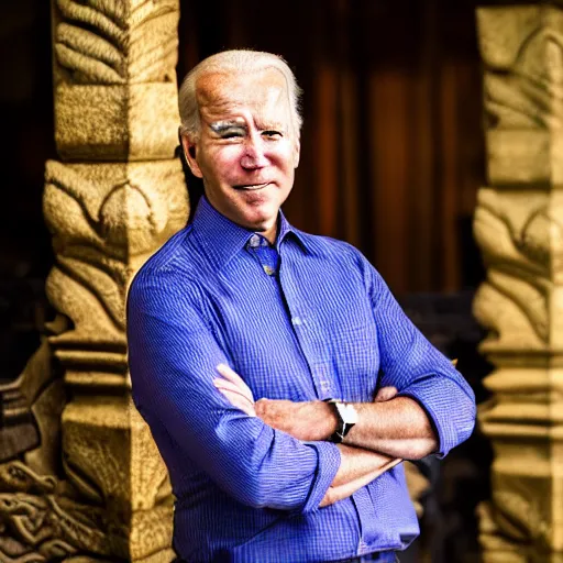 Image similar to A Photo Portrait of Joe Biden Wearing Indonesian Batik Tulis at a fancy Balinese restaurant, award winning photography, sigma 85mm Lens F/1.4, blurred background, perfect faces