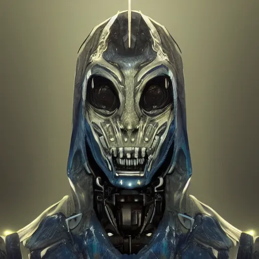 Image similar to award - winning. trending on artstation. 4 k. eerie tone. a robotic figure wearing a hooded cape made of the night sky with 1 5 dark blue glowing eyes on its face and rows of teeth on its chest. portrait.