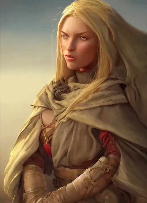 Image similar to blonde peasant woman, fantasy, medieval, vivid colors, fantasy, elegant, concept art, sharp focus, beautiful face!!, digital art, hyper - realistic, 4 k, unreal engine, highly detailed, hd, dramatic lighting by brom, trending on artstation