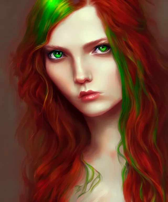 Prompt: Fae teenage girl, portrait, face, long red hair, green highlights, fantasy, intricate, elegant, highly detailed, digital painting, concept art