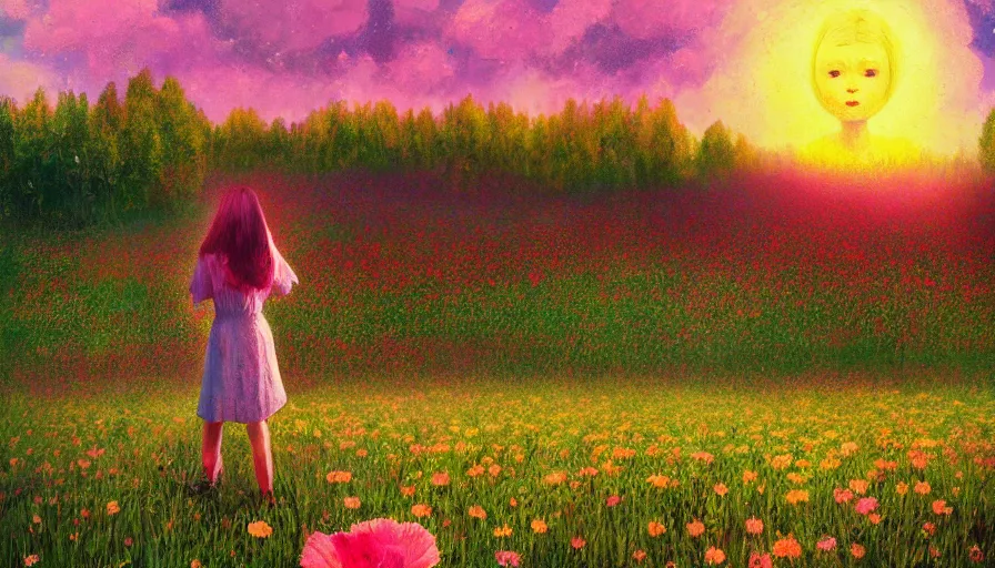 Image similar to girl with a flower face, surreal photography, manipulation, dream, standing in flower field, hills, big trees, sunrise dramatic light, impressionist painting, colorful clouds, digital painting, pointillism, artstation, simon stalenhag, flower