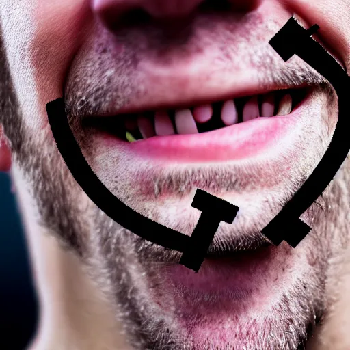 Image similar to photograph of smiling man with christian crosses inside his mouth, 8k resolution, high detail, ULTRA REALISTIC VFX, reflections