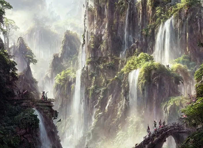 Prompt: A beautiful elven city made of ivory, waterfall, lush trees, fountain, built into the side of a cliff, a fantasy digital painting by Greg Rutkowski and James Gurney, trending on Artstation, highly detailed