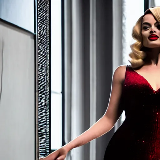 Prompt: Margot Robbie as Jessica Rabbit, still from a live action movie, 50mm, f2.8, panavision, cinematography