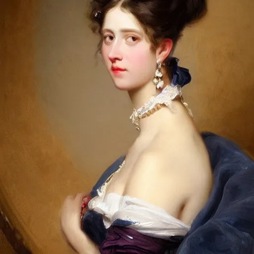 Prompt: an beautiful portrait render of a Queen by Franz Xaver Winterhalter, vivid, trending on artstation, Pinterest, beautiful face, highly detailed, fancy, Romanticism, Rococo