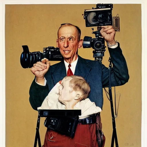 Image similar to norman rockwell painting of a man holding a large television - video - camera