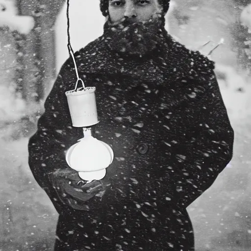 Image similar to a man holds a lantern, snowstorm, cold, vintage photo