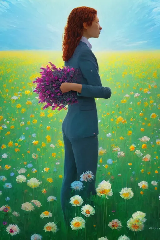 Image similar to closeup, giant flower head, girl in suit standing in a field of flowers, surreal photography, sunrise, blue sky, dramatic light, impressionist painting, digital painting, artstation, simon stalenhag