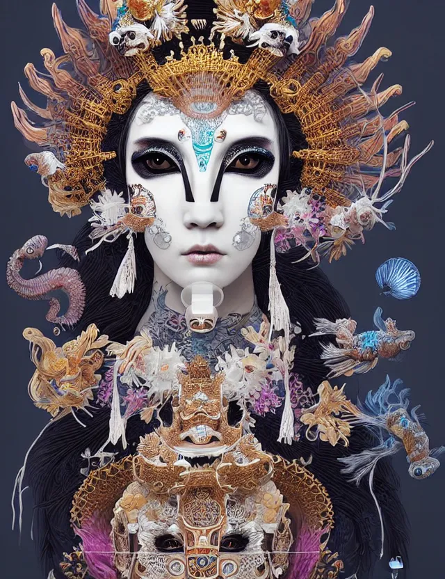 Image similar to goddess portrait with mask and crown made of ram skull. beautiful intricately detailed japanese crow kitsune mask and clasical japanese kimono. betta fish, jellyfish phoenix, bioluminescent, plasma, ice, water, wind, creature, super intricate ornaments artwork by tooth wu and wlop and beeple and greg rutkowski