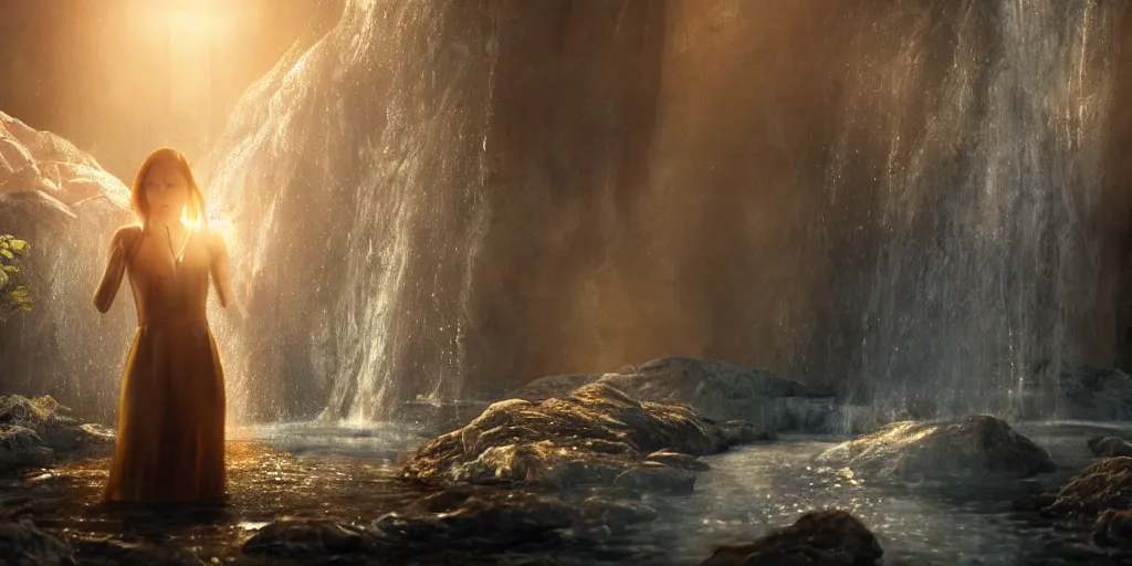 Prompt: film still from the movie Ghost in The Machine, terrified android under a waterfall, beautiful, golden hour, sharp focus, ultra detailed, cgsociety,