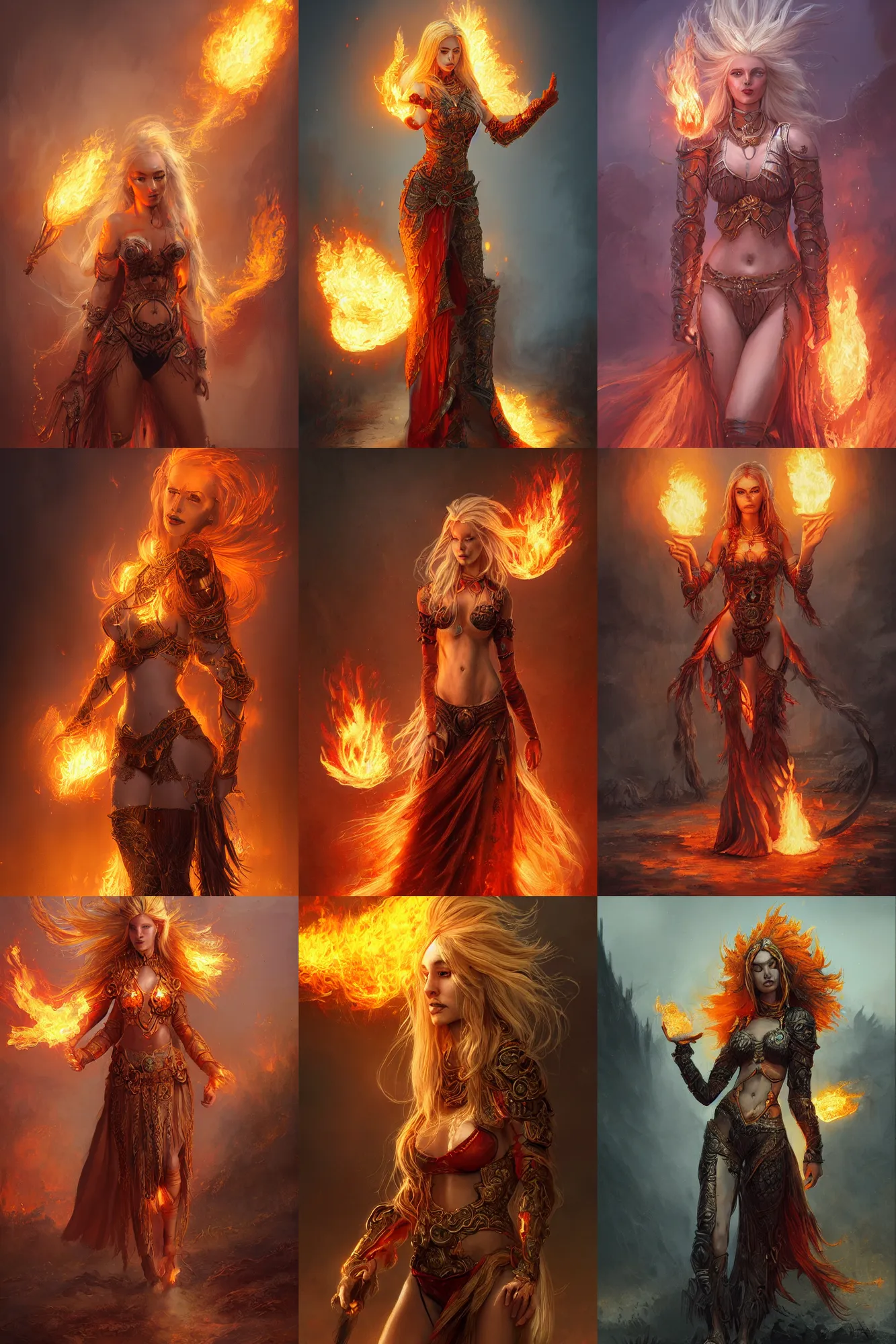 Prompt: beautiful fire goddess in ornate bikini armor walking toward a riverside town while holding a fireball, on fire, long blonde flaming hair, digital art, trending on artstation, cgsociety, detailed, illustration, professional art by seb mckinnon