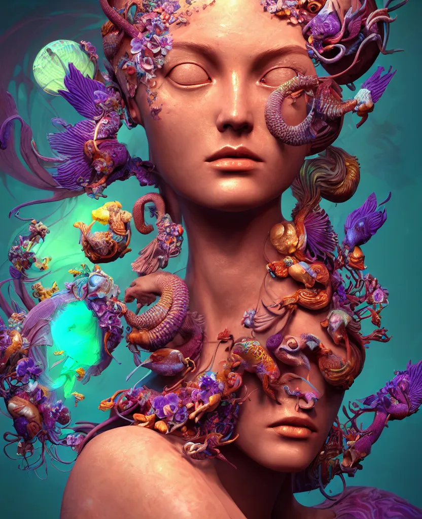 Image similar to goddess full color painted acryllic sculpture close-up portrait. orchid bird phoenix head, nautilus, skull, betta fish, bioluminiscent creatures, intricate artwork by Tooth Wu and wlop and beeple. octane render, trending on artstation, greg rutkowski very coherent symmetrical artwork. cinematic, hyper realism, high detail, octane render, 8k