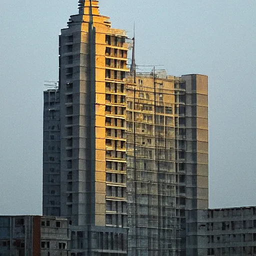 Image similar to a super high - rise hindu temple, panning shot, dusk, by corbusier
