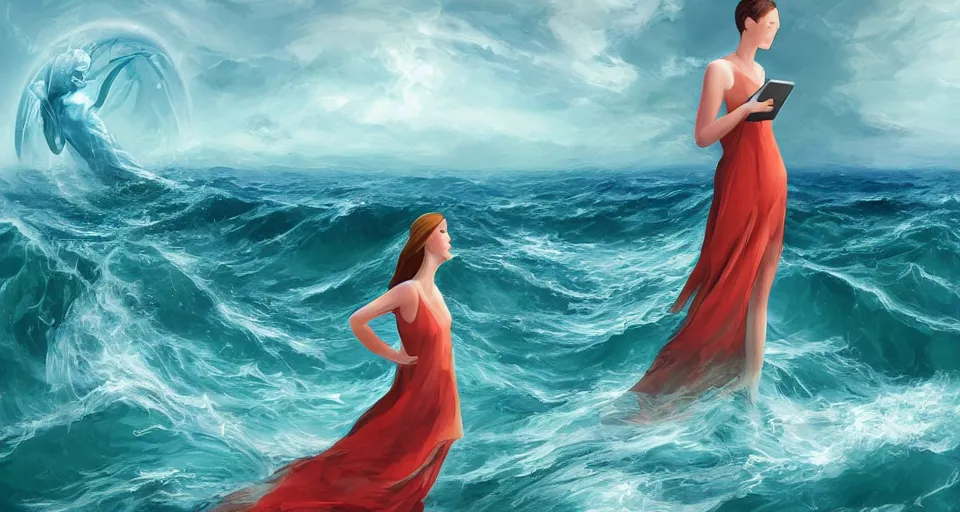 Prompt: A woman wearing a sundress watching as an eldritch sea god emerges from the ocean, digital art, detailed