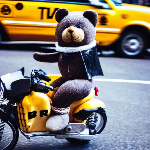 Prompt: A teddy bear wearing a motorcycle helmet and cape car surfing on a taxi cab in New York City. dslr photo.